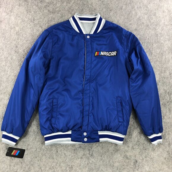 NEW Nascar Bomber Jacket Mens Large REVERSIBLE Blue Gray Snap Up JH Design - Picture 1 of 16